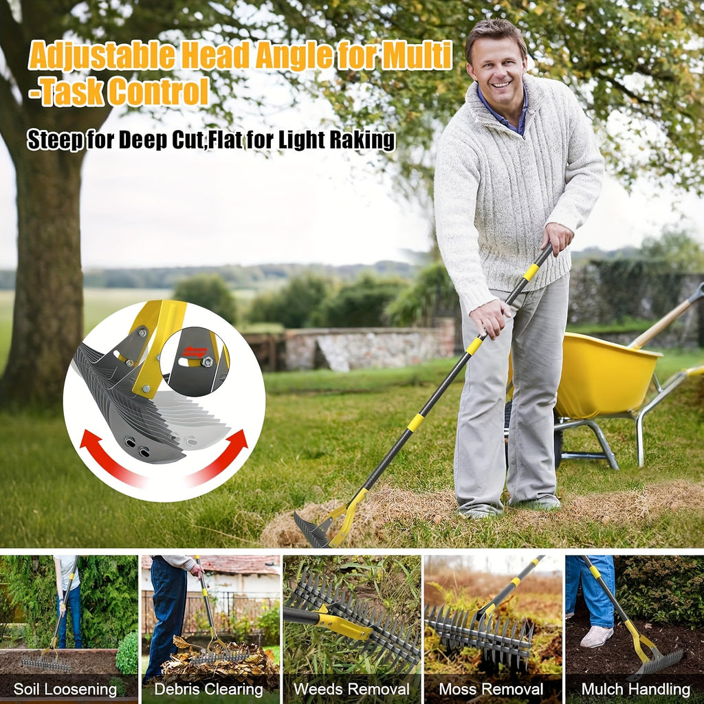 Dual-Action Thatch Rake For Lawn - Efficient 15in Thatching Rake With Sharp Dethatching Blade, Manual Dethatcher & Scarifier Tool For Dead Grass Removal, Soil Loosening, Garden Yard Lawn Care