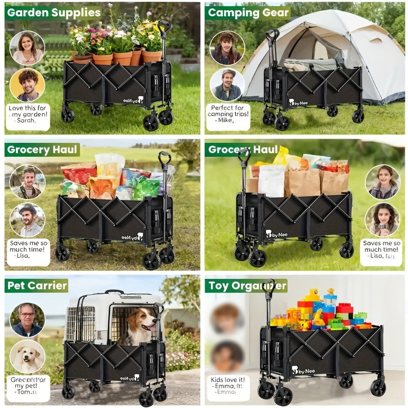Collapsible Folding Wagon Cart, Large Capacity Camping Wagon, All Terrain Foldable Wagon, Heavy Duty Utility Wagon Cart for Grocery Outdoor Beach Gardening Shopping Fishing Black