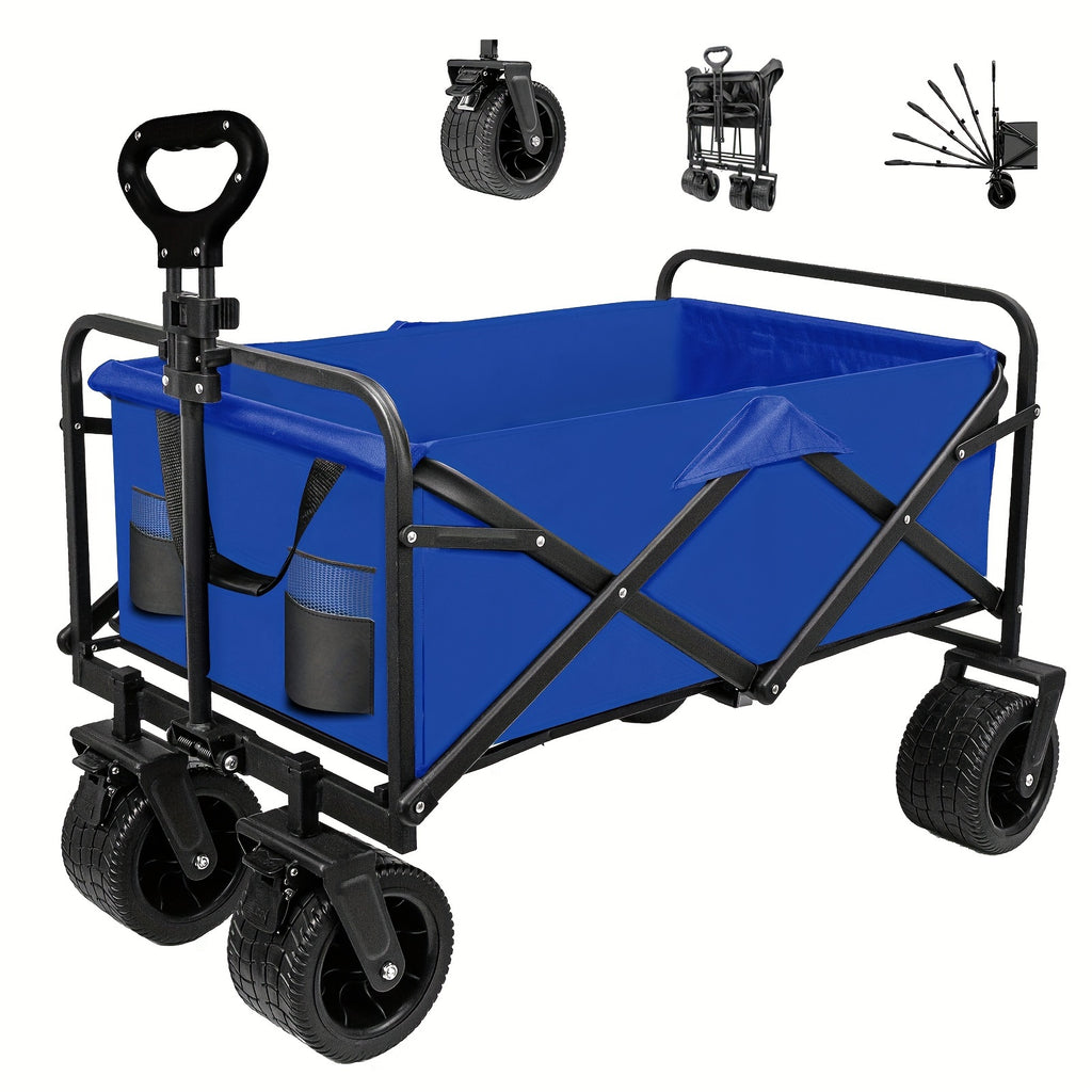 SZHLUX Collapsible Foldable Wagon, Beach Wagon with Big Wheels for Sand, Utility Grocery Wagon with Side Pocket And Brakes for Camping Sports Outdoor Activities