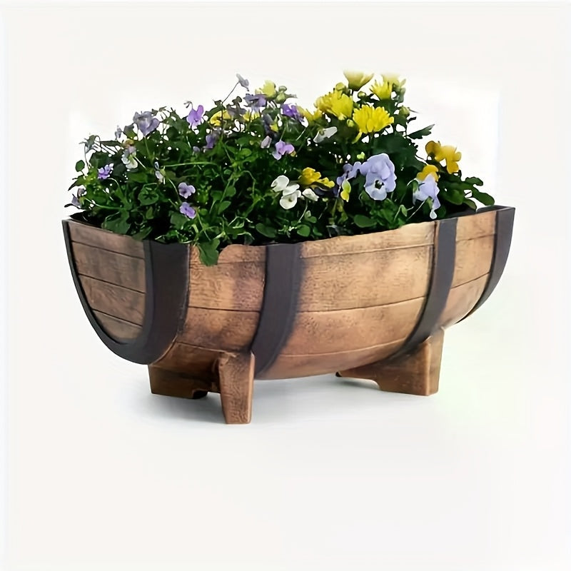 Large Diameter 16.54inch Creative Gardening Vintage Imitation Wooden Tub Plastic Flower Pot, Large Thickened Plastic Planting Pot, Faux Weathered Balcony Planter with Drainage Tray