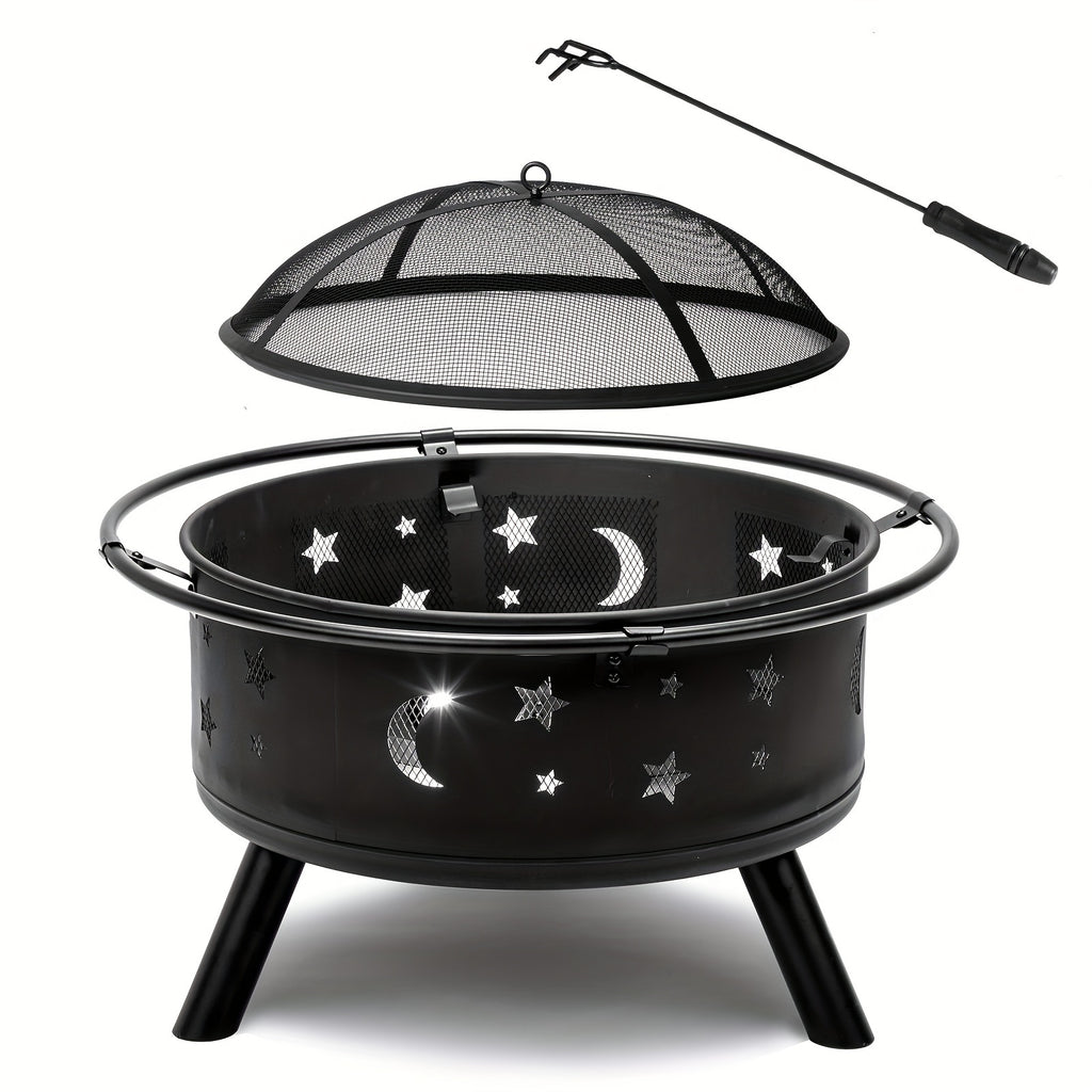 LEADZM 30in Round with Carrying Ring Mesh Lid Star And Moon Hole Wood Burning Fire Pit Iron Black