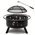 LEADZM 30in Round with Carrying Ring Mesh Lid Star And Moon Hole Wood Burning Fire Pit Iron Black