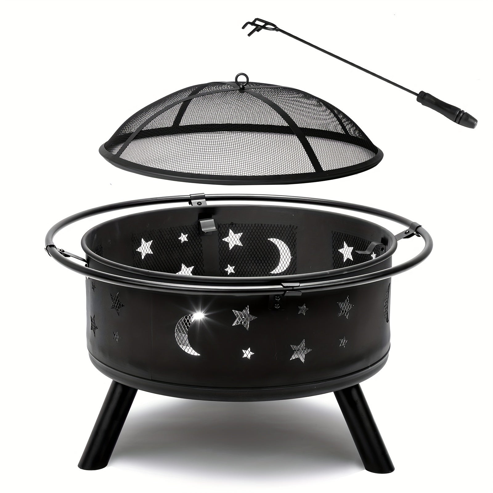 LEADZM 30in Round with Carrying Ring Mesh Lid Star And Moon Hole Wood Burning Fire Pit Iron Black