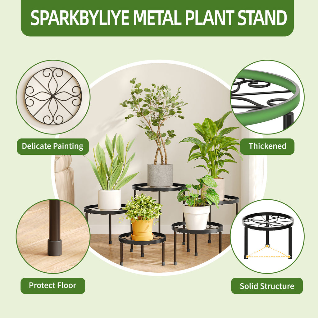 WHONLINE 5pcs Set Black Metal Plant Stand With Heavy-duty Design And Thickened Rust-proof Baking Paint Process. Suitable For Various Flower Pot Accessories, Ideal For Living Rooms, Balconies, Courtyards, And Outdoor Plant Stands And Storage
