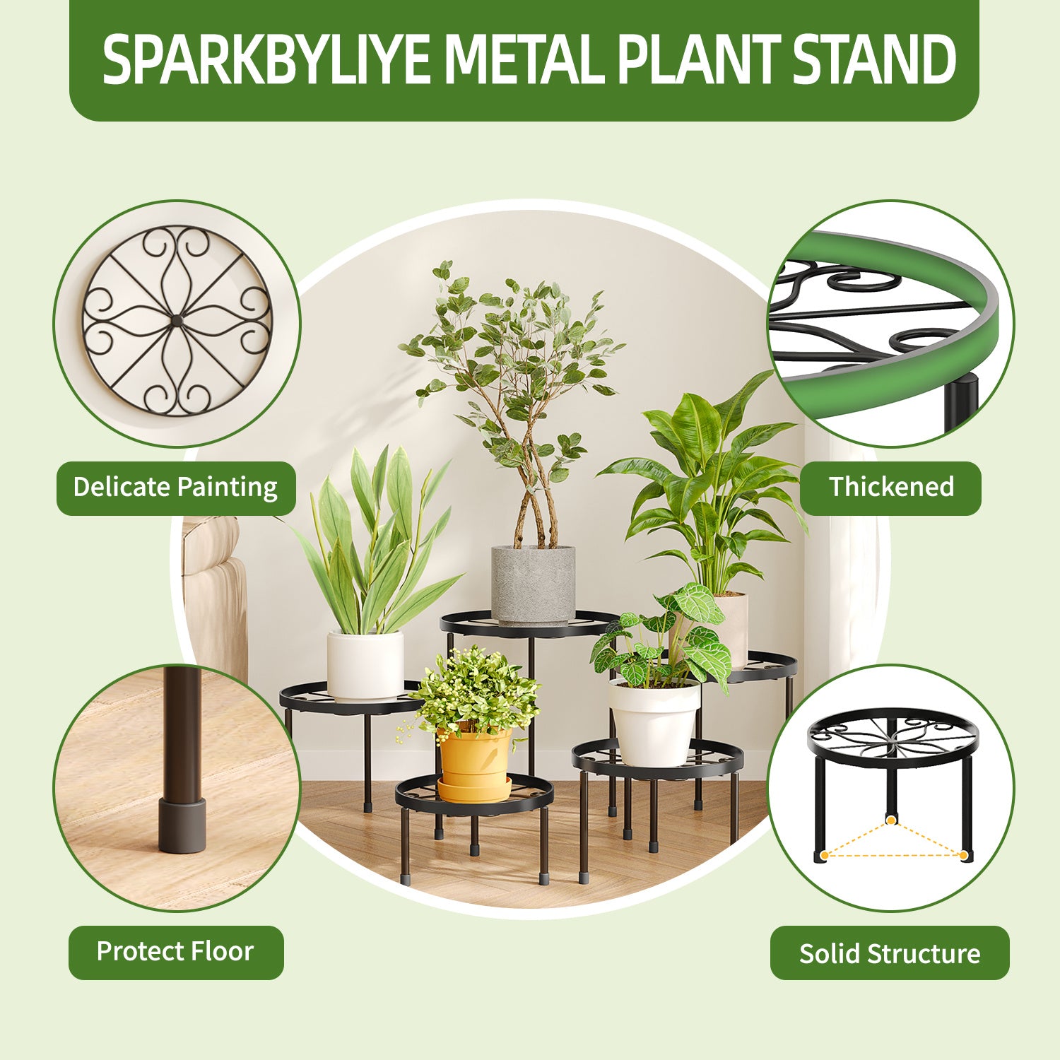 WHONLINE 5pcs Set Black Metal Plant Stand With Heavy-duty Design And Thickened Rust-proof Baking Paint Process. Suitable For Various Flower Pot Accessories, Ideal For Living Rooms, Balconies, Courtyards, And Outdoor Plant Stands And Storage