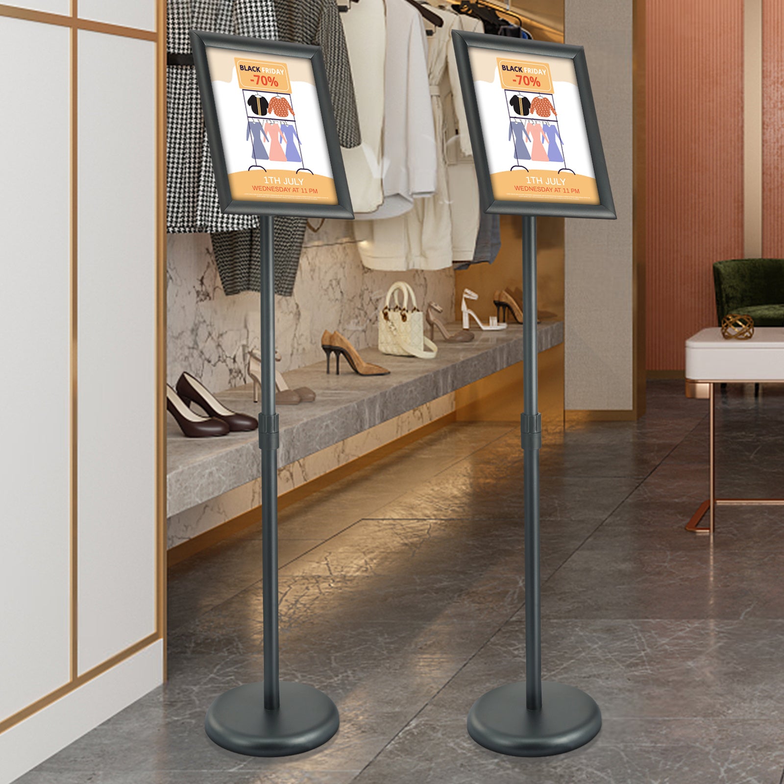 VEVOR Pedestal Sign Holder, 8.5 x 11/17x 11 Inch Vertical and Horizontal Adjustable Poster Stand, Heavy-Duty Floor Standing Sign Holder with Round Base for Display, Advertisement, and Outdoor, Black