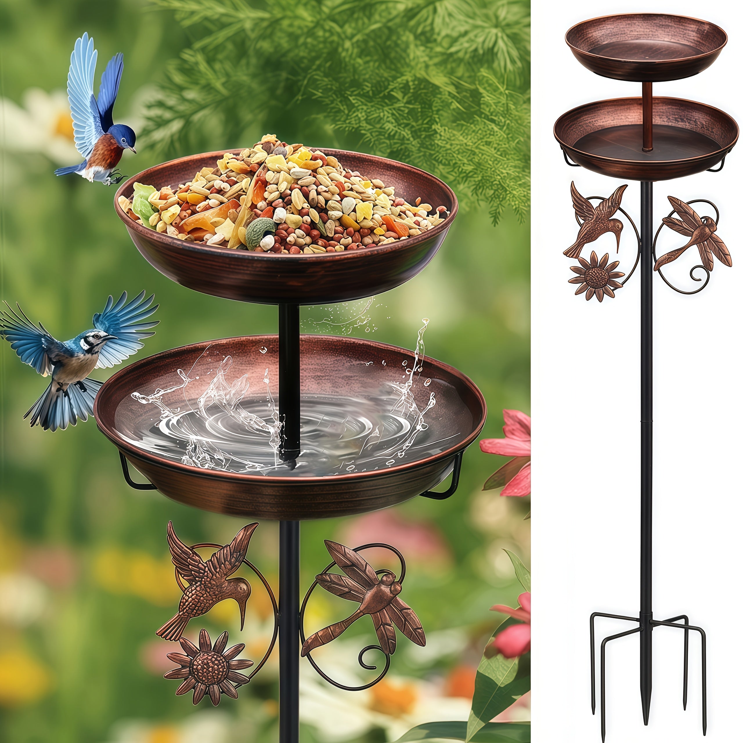 Retro Double-layer Metal Bird Bath Feeder. Detachable Basin for Feeding & Bathing. with Hummingbird & Dragonfly Decor. Ideal for Gardens, Patios, Courtyards, Lawns. Upgraded 5-claw Base, Anti-toppling, Stable And Durable.
