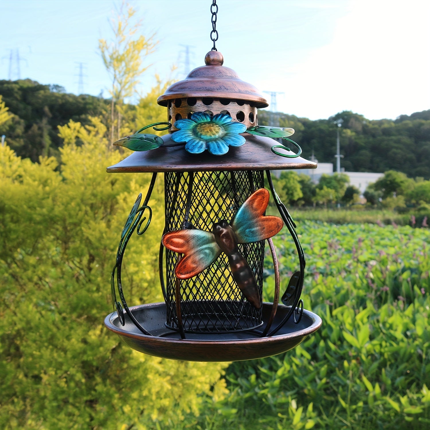 Budget-Friendly 1pc Elegant Metal Mesh Hanging Bird Feeder with Vibrant Dragonfly & Floral Accents, No Electricity Required, Ideal for Garden & Patio