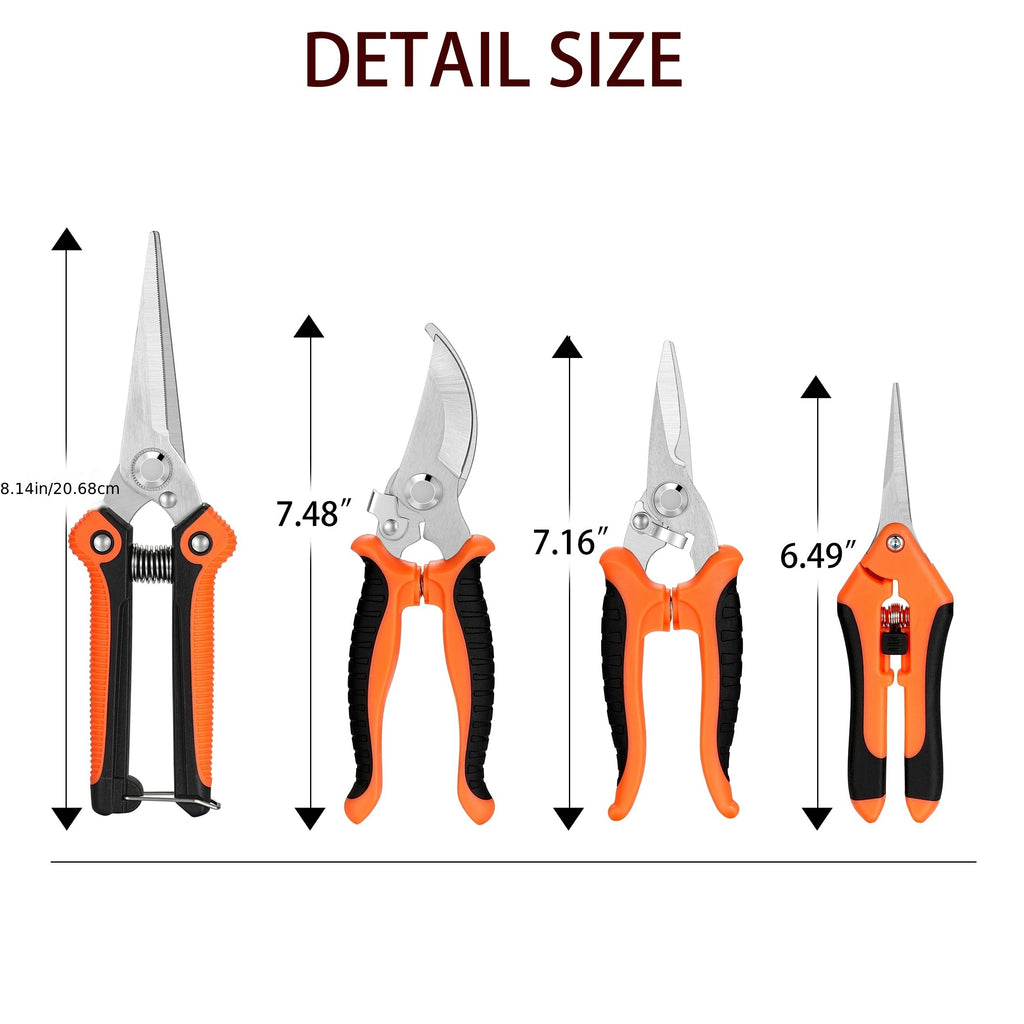 5pcs Heavy Duty Garden Pruning Shears Set with Stainless Steel Blades - Ambidextrous Handheld Scissors, Bypass & Secateurs, Includes Ergonomic Orange Handles and Storage Bag for Lawn and Tree Care