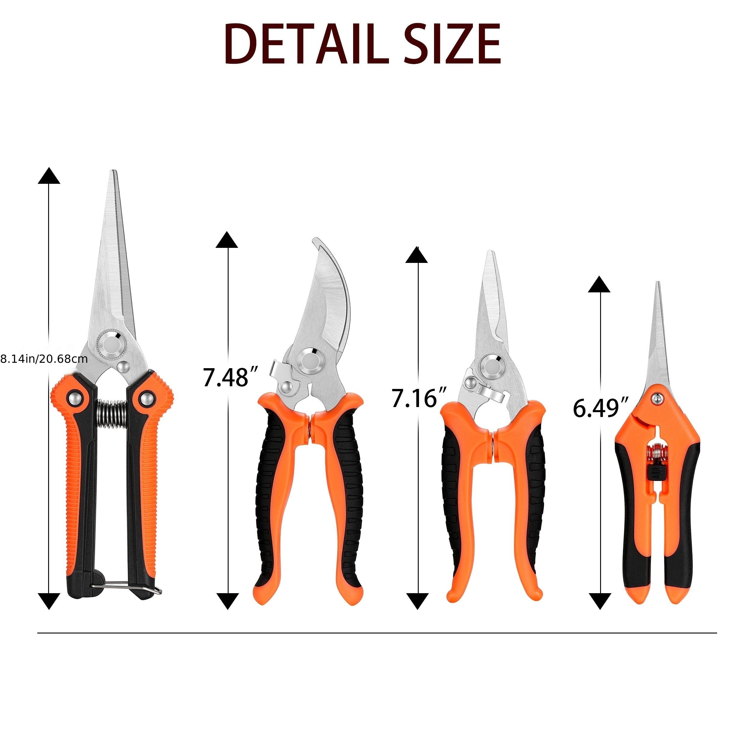 5pcs Heavy Duty Garden Pruning Shears Set with Stainless Steel Blades - Ambidextrous Handheld Scissors, Bypass & Secateurs, Includes Ergonomic Orange Handles and Storage Bag for Lawn and Tree Care