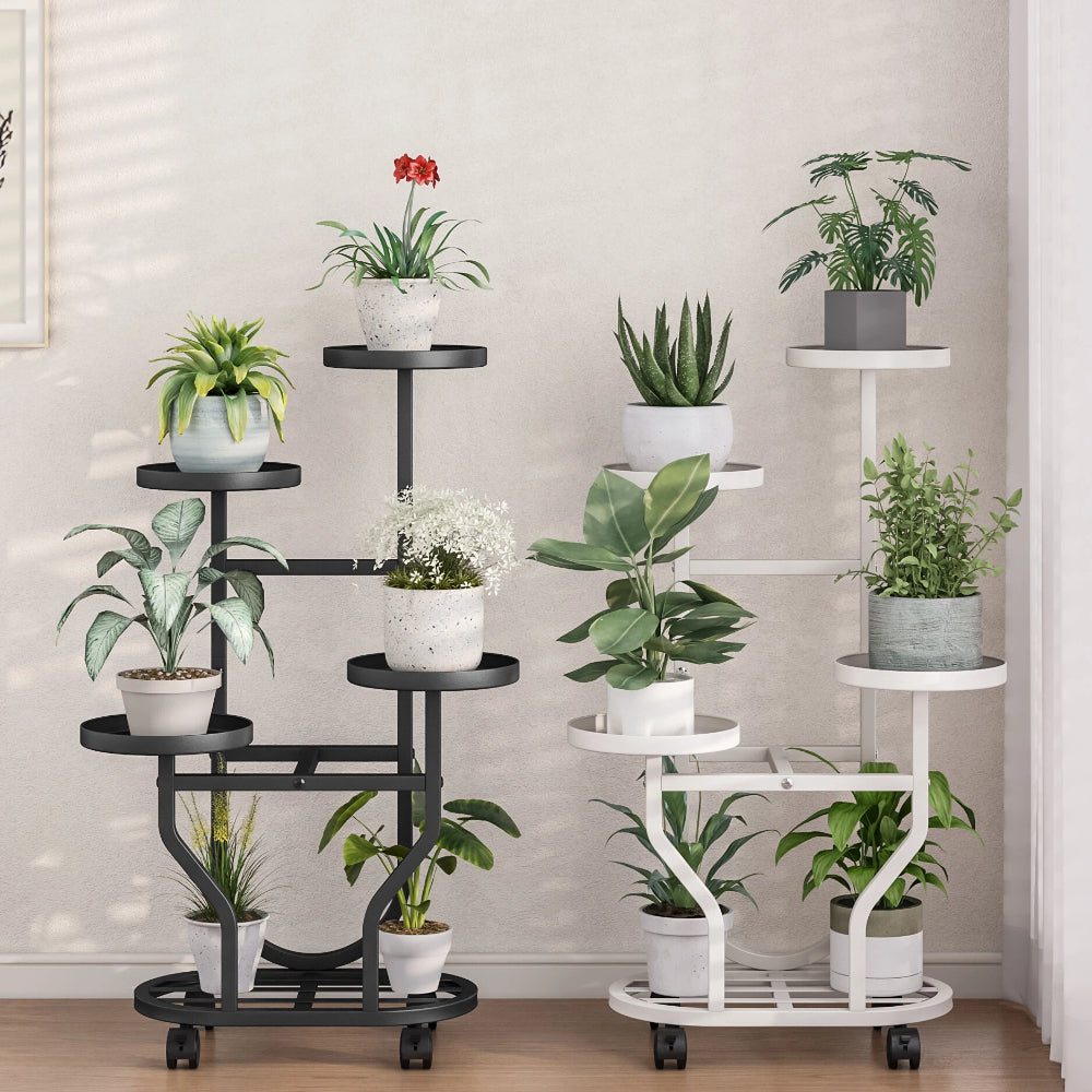 Sturdy Plant Display Rack Suitable for Both Indoor And Outdoor Use, Featuring Wheels for Easy Mobility. This Heavy-Duty Metal Shelf Is Designed to Hold Various Plants, Making It Perfect for Patios, Corners, Gardens, Living Rooms, And Balconies