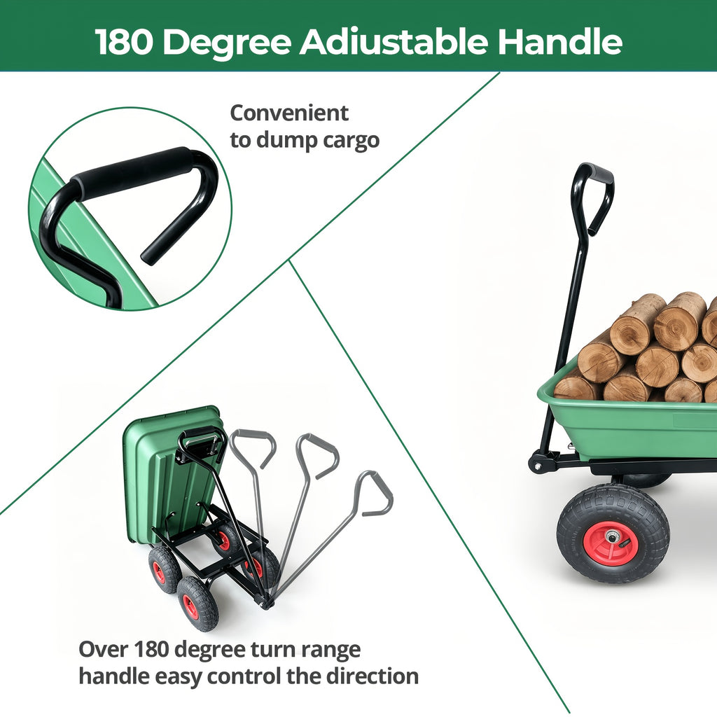 Multi Functional Heavy-duty Four-wheel Garden Handcart, Heavy-duty Steel Frame Structure, Plastic Body, All Terrain Outdoor Yard Handling Vehicle With D-shaped Handle Steering, Suitable For Outdoor Gardening, Lawn, Farm, And Building Handling