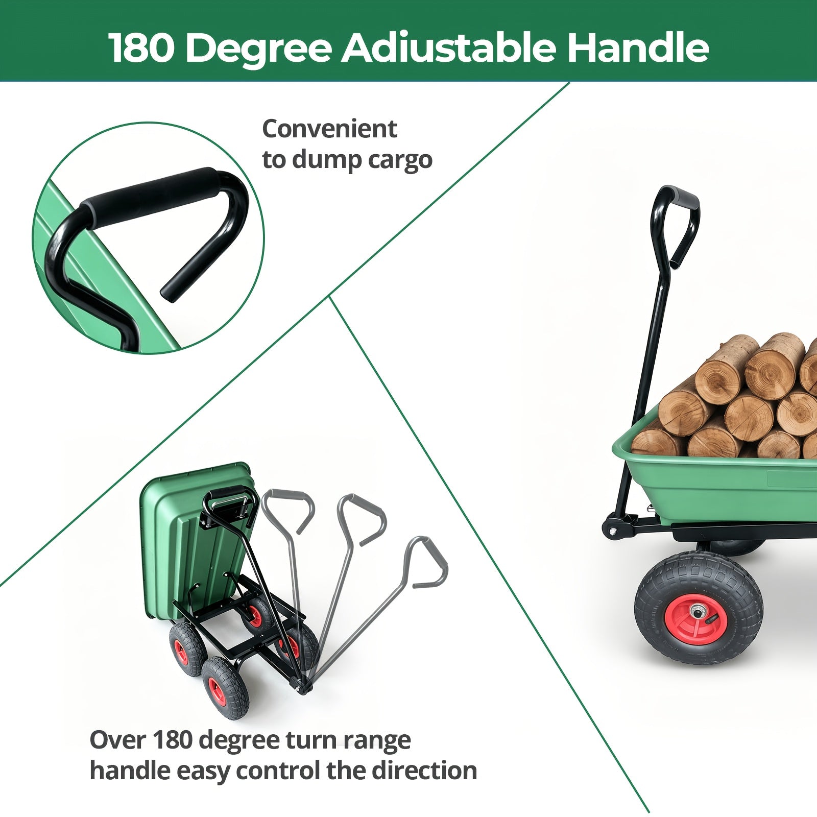 Multi Functional Heavy-duty Four-wheel Garden Handcart, Heavy-duty Steel Frame Structure, Plastic Body, All Terrain Outdoor Yard Handling Vehicle With D-shaped Handle Steering, Suitable For Outdoor Gardening, Lawn, Farm, And Building Handling