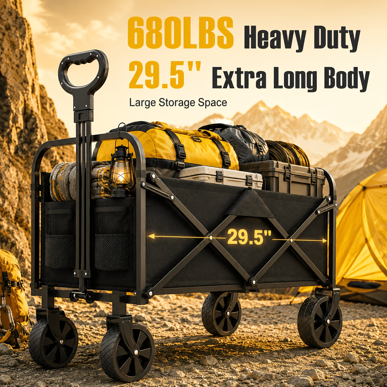 680Lbs/400Lbs/As Well As Lightweight Heavy Duty Folding Wagon Cart, All Terrain Collapsible Utility Wagon with Wheels, Large Capacity Folding Garden Cart for Camping, Shopping, Sports, Beach, Yard & Outdoor Use, Black Cart