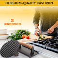 Dual-Size Cast Iron Smash Press - Heavy Duty Bacon & Patty Press with Ergonomic Wood Handle for BBQ/ Kitchen