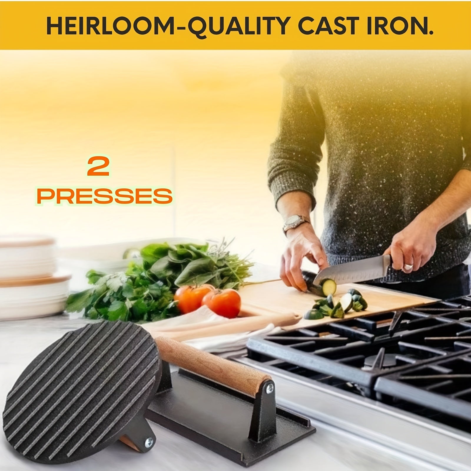 Dual-Size Cast Iron Smash Press - Heavy Duty Bacon & Patty Press with Ergonomic Wood Handle for BBQ/ Kitchen