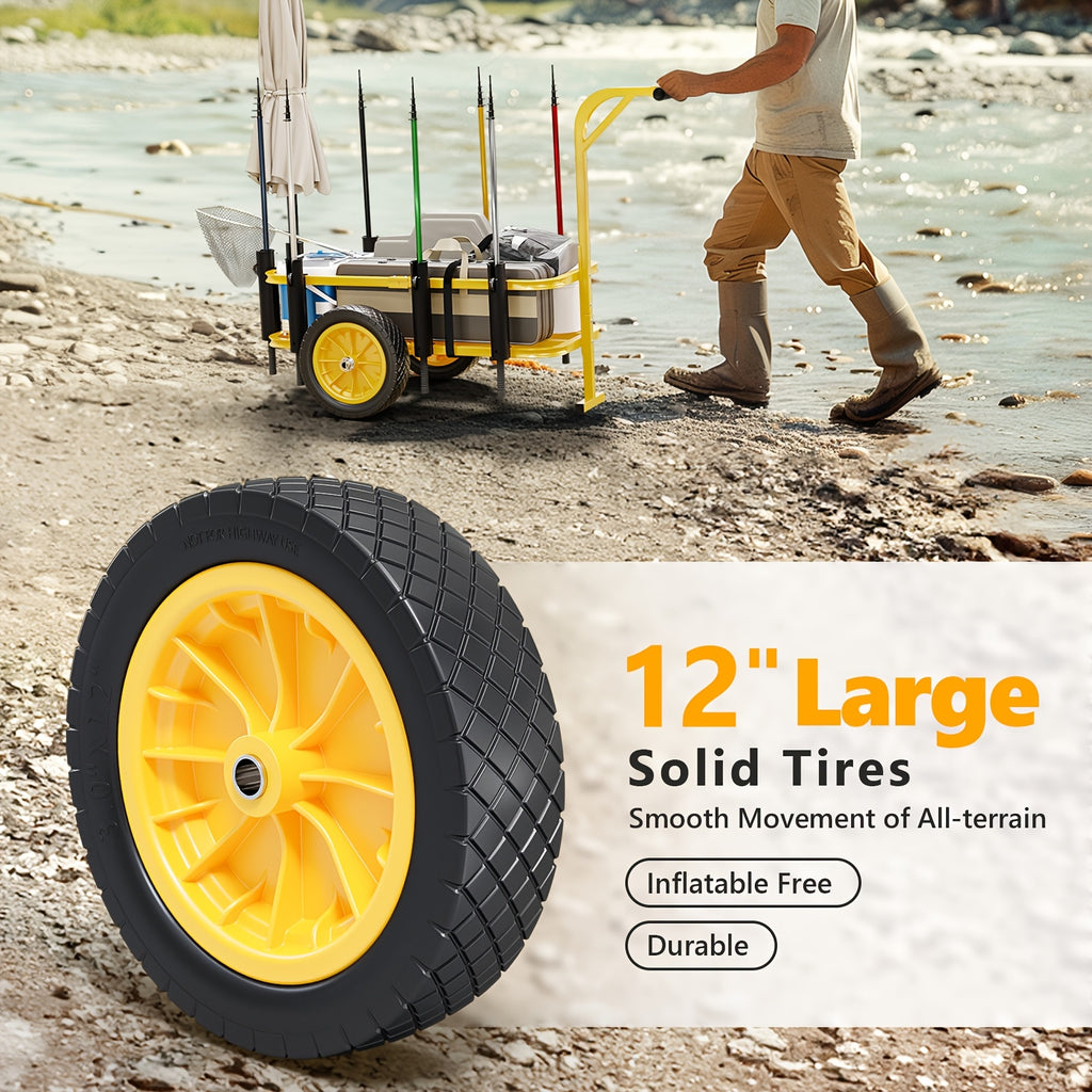Outdoor Fishing Cart, Sturdy Steel Frame, with 12" PU Wheels, 7 Fishing Rod Tubes, Large Capacity, for Beach, Surfing, Kayak, Yellow, 1pc