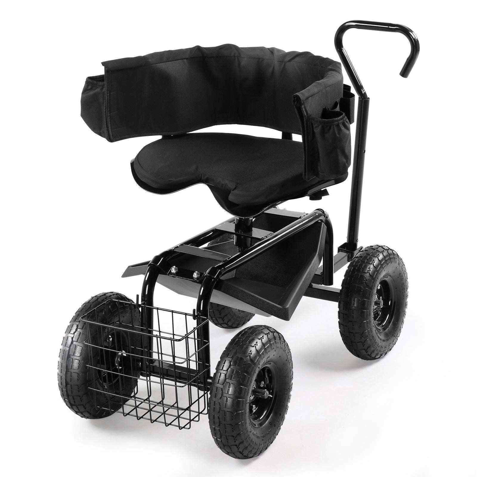 Garden Seat Cart 35.04*29.13*23.62inch, Black, Iron, with Backrest and Seat Cushion, Telescopic Handle, for Courtyard, Outdoor, Easy Planting, Gardening Tools, Garden