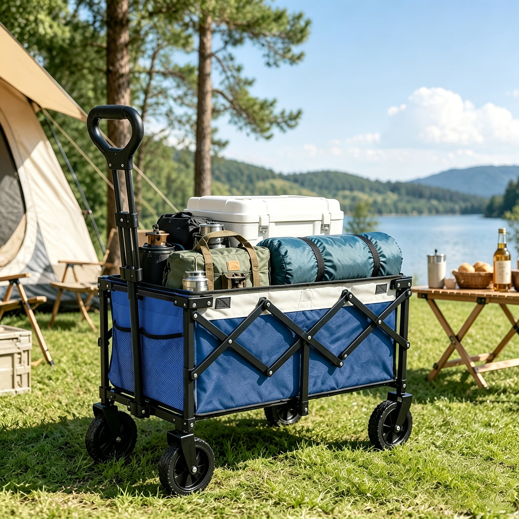 Multiple Sizes Heavy Duty Collapsible Folding Wagon Cart with Wheels, All Terrain Folding Utility Cart with Steel Frame And 600D Oxford Fabric, No Assembly Required, Portable Garden Wagon with Tool Holder for Camping, Gardening, Beach, Pet Walking