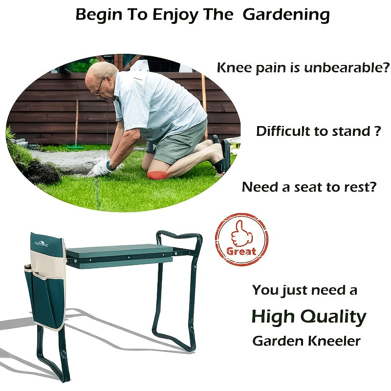 2-In-1 Green Metal Gardening Kneeling Stool Seat Set - Heavy Duty Gardening Kneeling And Sitting Dual Purpose Stool, Foldable Garden Bench with Tool Bag, Thick Knee Pads And Stable Armrests to Relieve Knee Pain, Ideal Gift for Gardeners