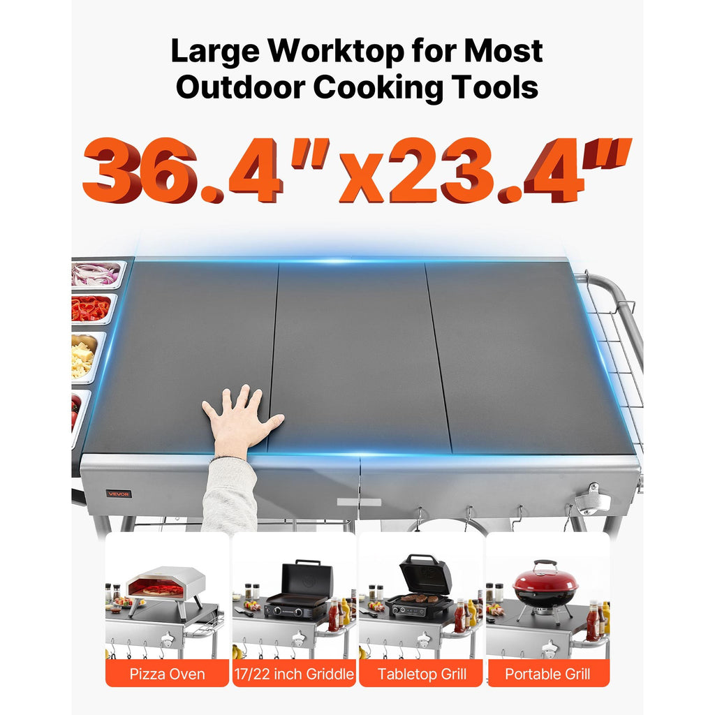 VEVOR Outdoor Grill Cart, 36.4 x 23.4 x 1 inch Tabletop Size Grilling Table, Movable Outdoor Cooking Table with 4 Spice Containers, Wheels, Lids, Hooks, BBQ Prep Tables for Picnic, Kitchen, Courtyard
