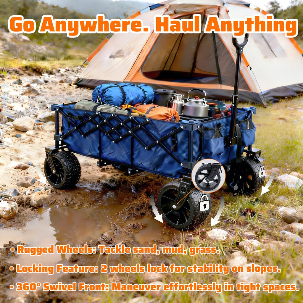 Collapsible Wagon Cart - 440Lbs Foldable Extra Long Heavy Duty Utility Wagon with Wheels, Portable Storage Grocery Cart for Camping, Shopping, Sports, Beach, Garden