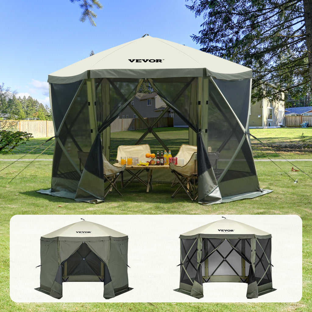 VEVOR Pop Up Gazebo Tent, Pop-Up Screen Tent 6 Sided Canopy Sun Shelter with 6 Removable Privacy Wind Cloths & Mesh Windows, 10x10FT/ 12.5x12.5FT Quick Set Screen Tent with Mosquito Netting, Army Green/Brown