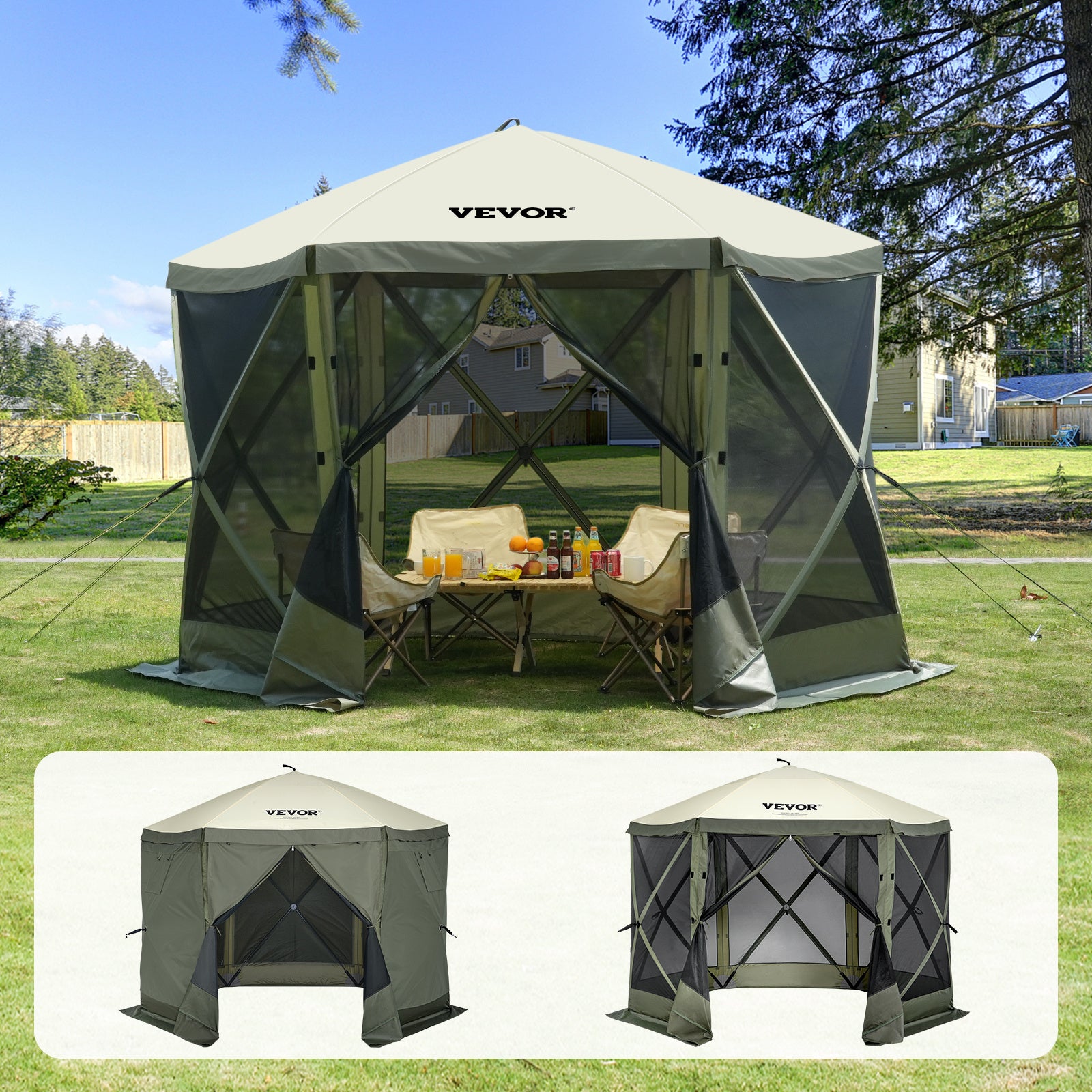 VEVOR Pop Up Gazebo Tent, Pop-Up Screen Tent 6 Sided Canopy Sun Shelter with 6 Removable Privacy Wind Cloths & Mesh Windows, 10x10FT/ 12.5x12.5FT Quick Set Screen Tent with Mosquito Netting, Army Green/Brown