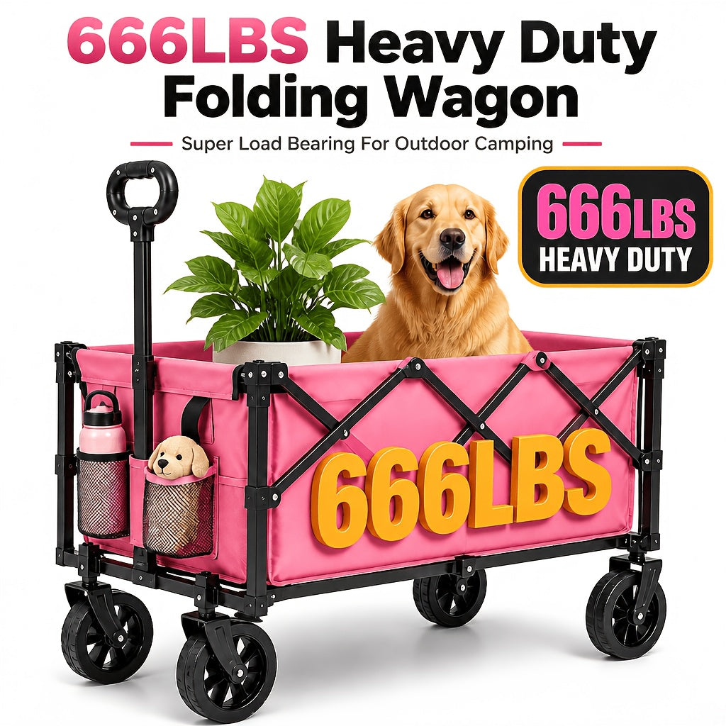 PAW Heavy-Duty All-Terrain Folding Wagon, Black/Red, 366-666 LBS. 600D Oxford Cloth, No Assembly. Universal Wheels, Adjustable Anti-Slip Handle. Ideal for Shopping, Camping, Vending & Yard Storage, Sturdy & Durable