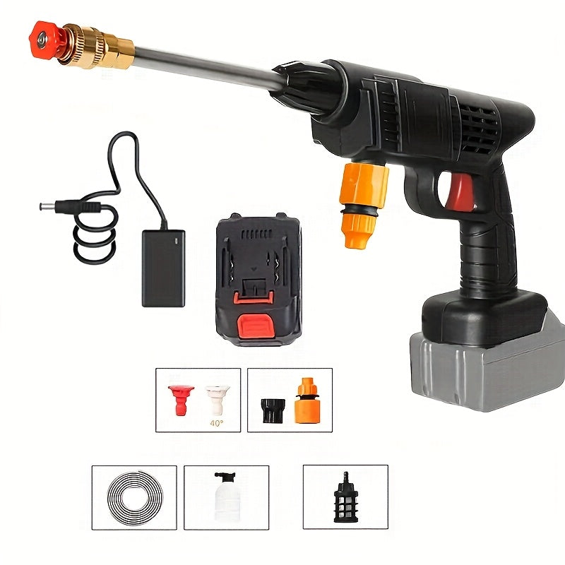 Wireless High-pressure Cleaner with Rechargeable Battery, Available in 1-battery or 2-battery Options. Battery-powered, Suitable for Cars, Yards, Driveways, and Gardens. Features a Green Stainless Steel Foam Nozzle. Portable Electric Car Wash Tool