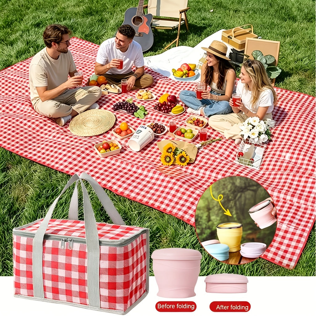 3pcs Of Picnic And Camping Tools, Including A 59-inch X 78-inch Picnic Mat + 1 Large Insulated Camping Bag + 1 180ml Folding Water Cup. Suitable for Outdoor Parks, Grasslands, Beaches, Barbecues And Indoor Family Games. Non-Food Direct Contact