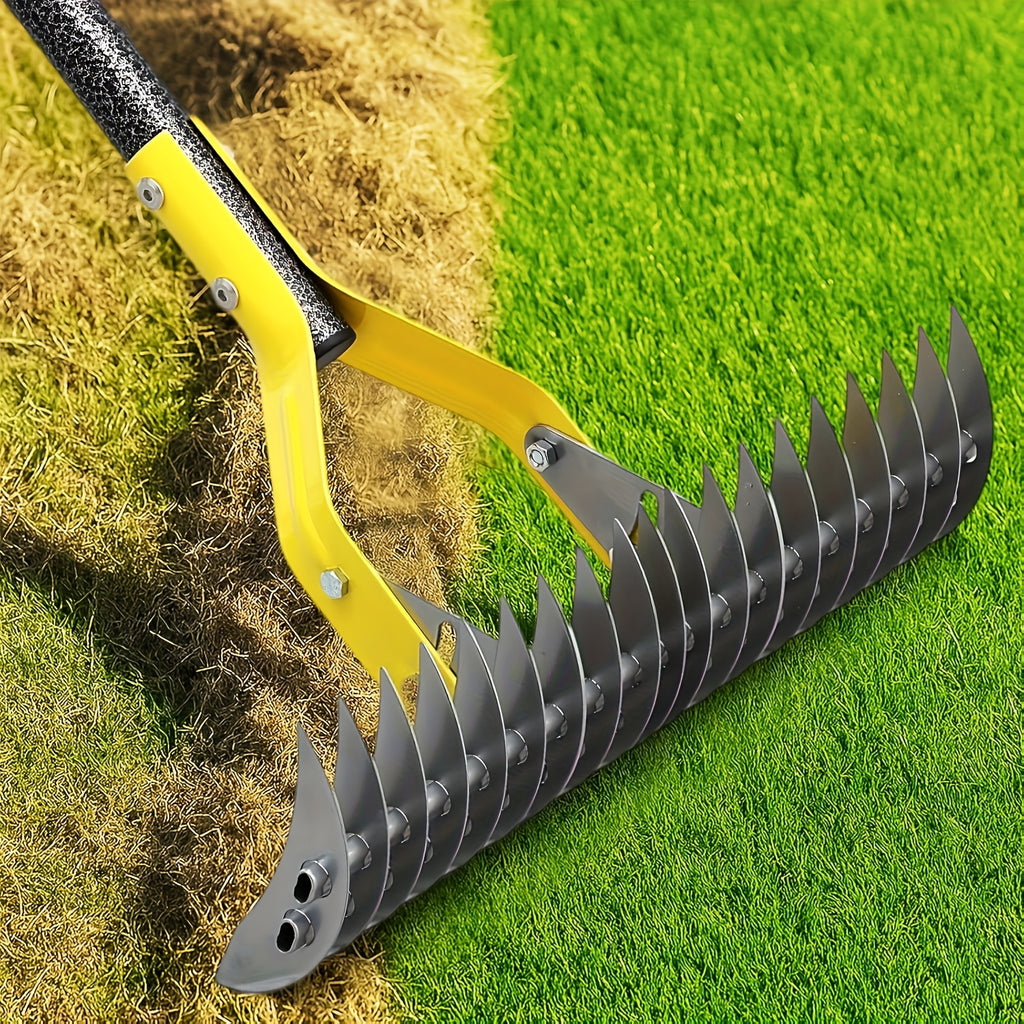 Dual-Action Thatch Rake For Lawn - Efficient 15in Thatching Rake With Sharp Dethatching Blade, Manual Dethatcher & Scarifier Tool For Dead Grass Removal, Soil Loosening, Garden Yard Lawn Care