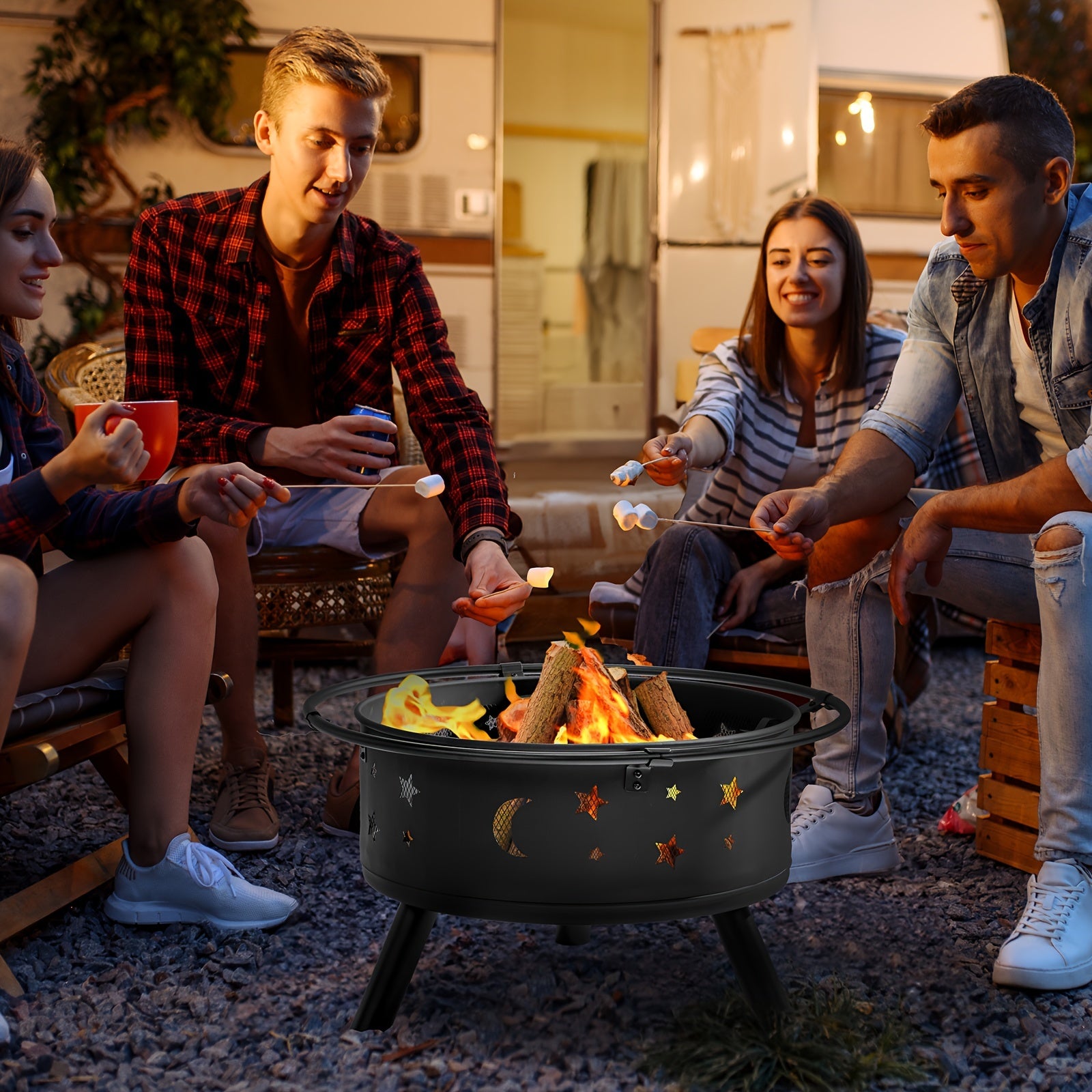 LEADZM 30in Round with Carrying Ring Mesh Lid Star And Moon Hole Wood Burning Fire Pit Iron Black