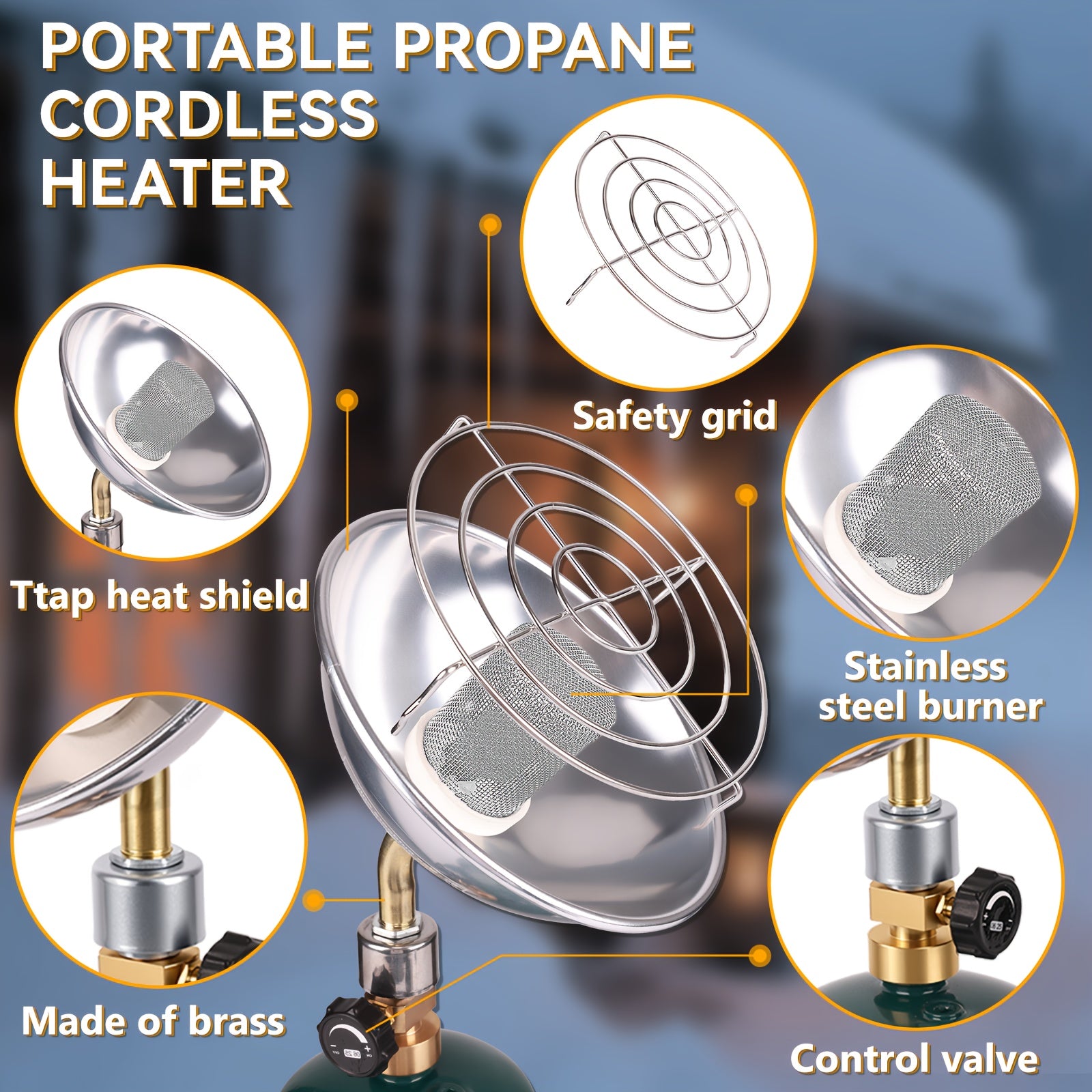 Compact Propane Heater Designed for Outdoor Camping, Offering 6200BTU Power with a Control Valve. This Patio Heater Is Compatible with a 1Lb Propane Gas Tank, Making It Ideal for Tents, Garages, And Fishing Trips