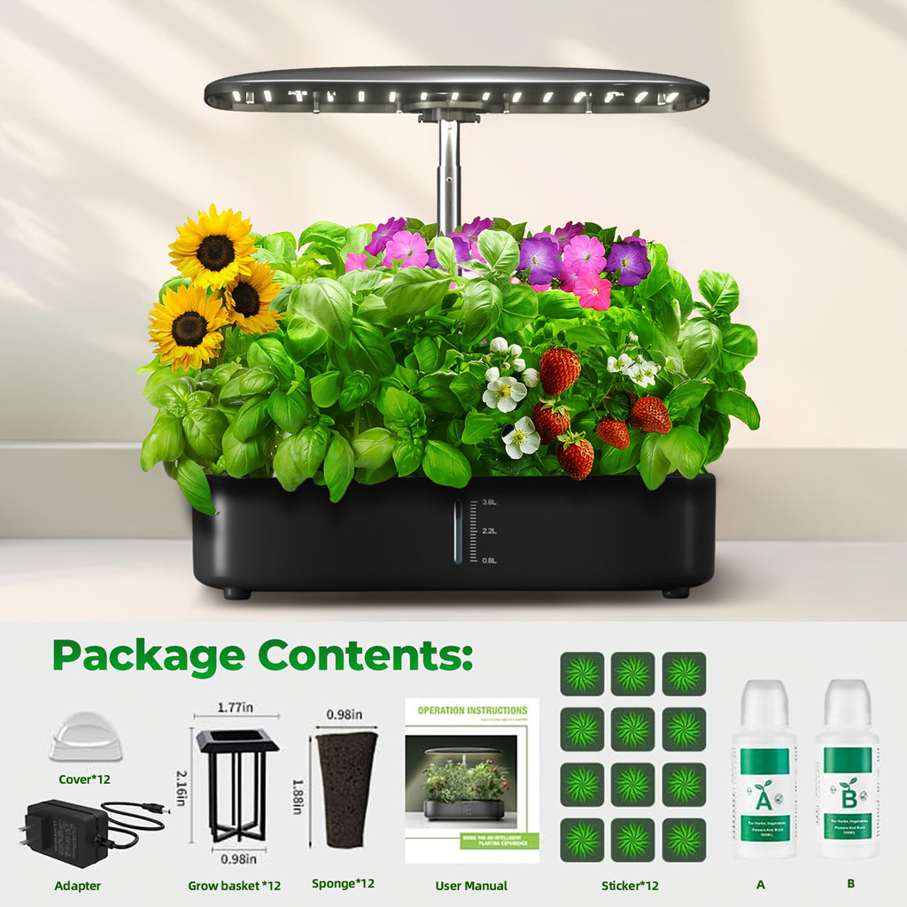 Large Tank Hydroponics Growing System 12 Pods, Herb Garden Kit Indoor with Grow Lights, Plants Germination Kit with Quiet Water Pump, Auto Timer, Height Adjustable to 20", Gardening Gifts Home Decor