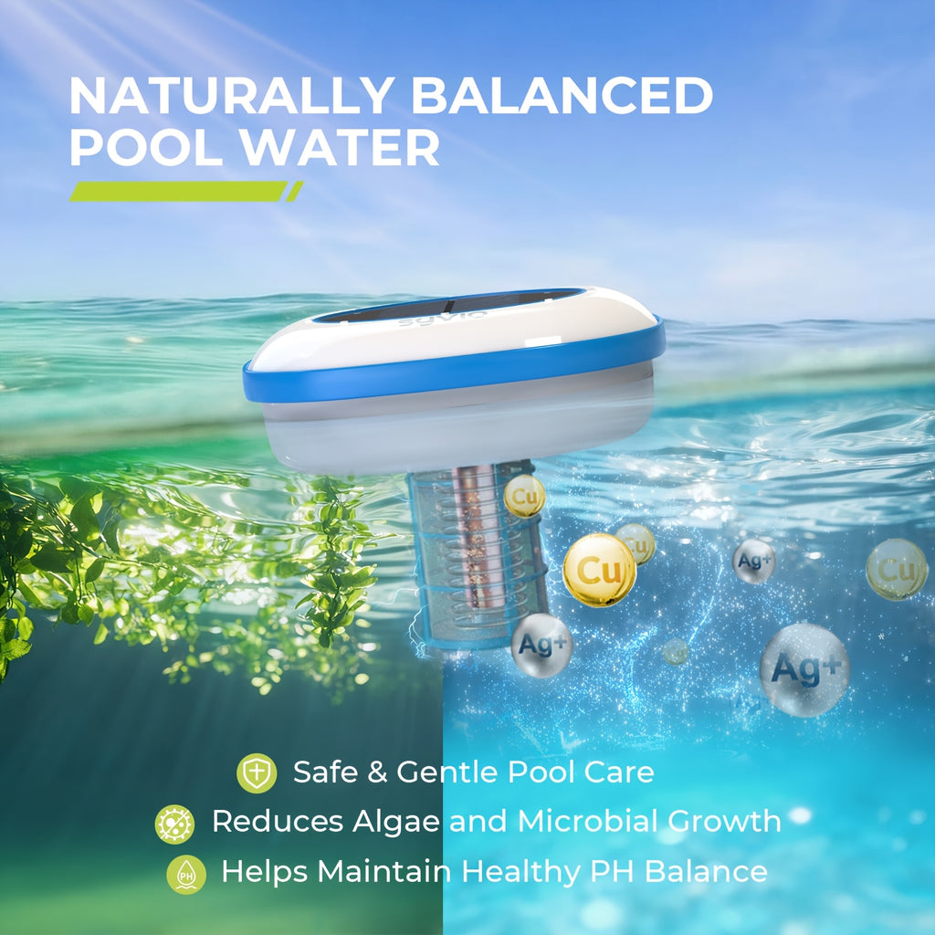 Solar Powered Pool Ionizer, Chemical-Free Floating Water Purifier for Fresh, Saltwater Pools Up to 45, 000 Gallons, Chlorine Saver, Includes Brass Parts, Cleaning Brush, Reusable Summer Must-Have