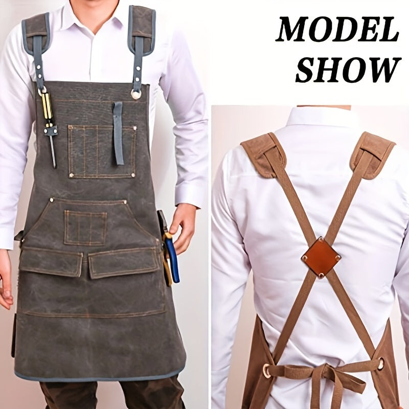 Durable Cotton Canvas Apron with Multiple Pockets for Woodworking, Electrician, and Gardening - Adjustable Brown Faux Leather Straps & Metal Buckles for Secure Fit