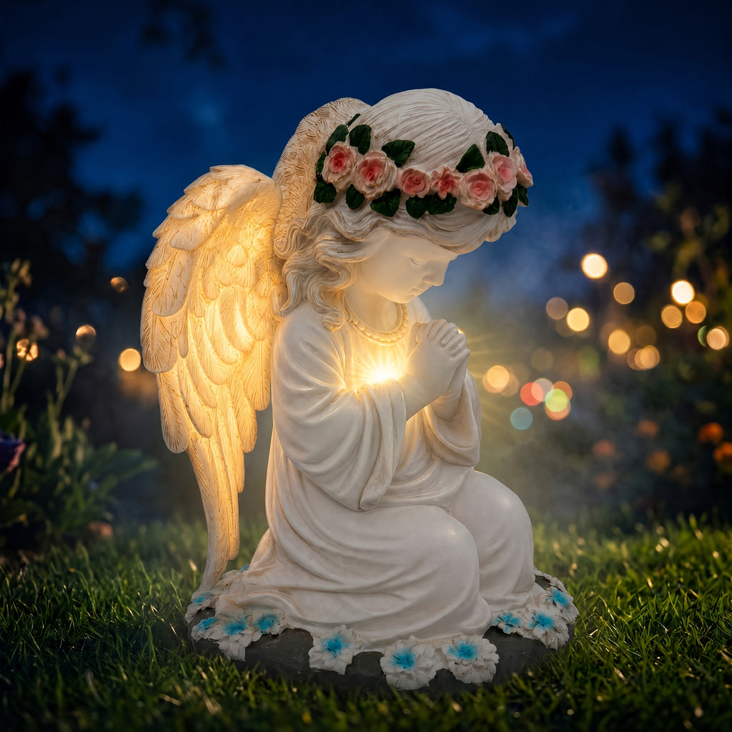 Solar Angel Garden Statue, Outdoor Lawn Decor Figurine Light, Resin Flower Sculptures with LED Lights, Art Housewarming Ornament Gift for Yard Fairy Backyard Lawn Patio Porch Balcony