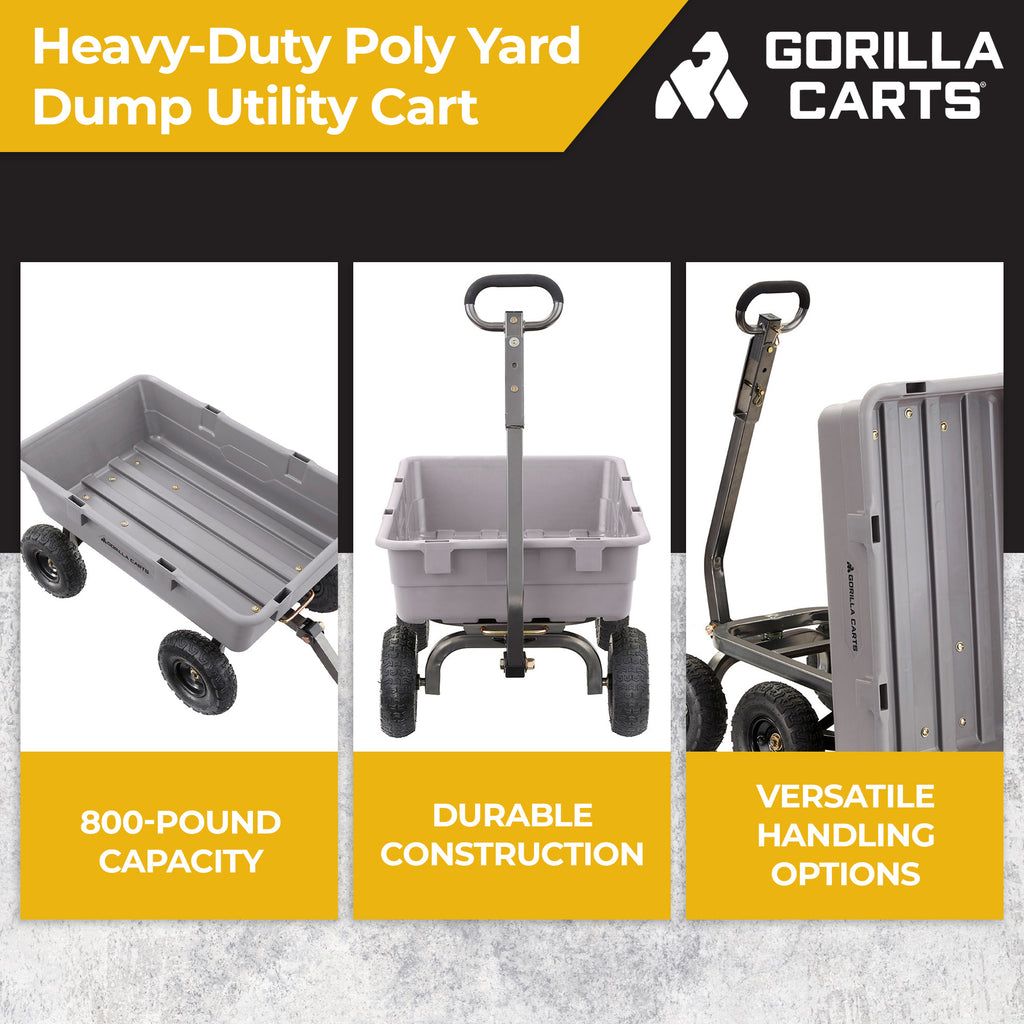 Gorilla Carts 800 Pound Capacity Heavy Duty Poly Yard Garden Steel Dump Utility Wheelbarrow Wagon Cart with 2 in 1 Towing ATV Handle, Gray