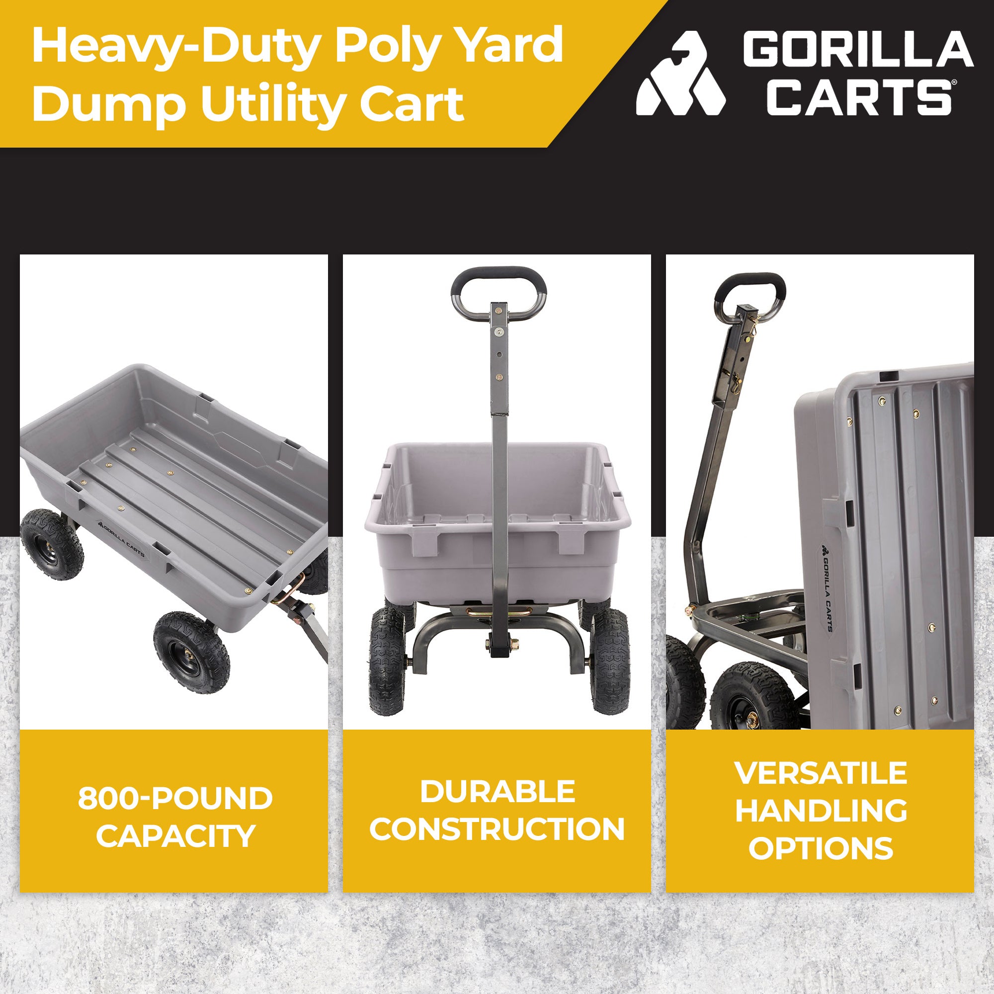Gorilla Carts 800 Pound Capacity Heavy Duty Poly Yard Garden Steel Dump Utility Wheelbarrow Wagon Cart with 2 in 1 Towing ATV Handle, Gray
