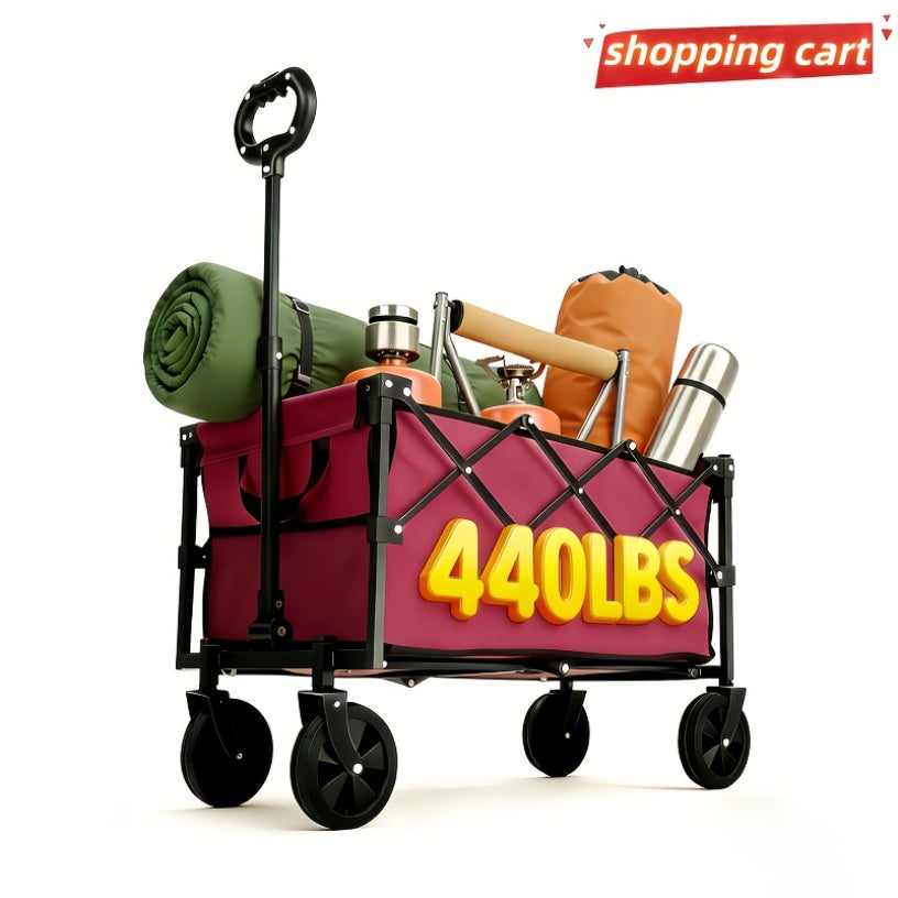 Heavy-Duty Collapsible Handcart with a Stainless Steel Frame And 600D Oxford Fabric, Equipped with All-Terrain Wheels, Ideal for Camping, Gardening, Beach Outings, Shopping, And Transporting Goods. It Features Compact Storage And a Robust Design