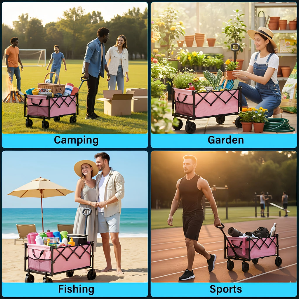 Heavy-Duty Collapsible Handcart with a Stainless Steel Frame And 600D Oxford Fabric, Equipped with All-Terrain Wheels, Ideal for Camping, Gardening, Beach Outings, Shopping, And Transporting Goods. It Features Compact Storage And a Robust Design