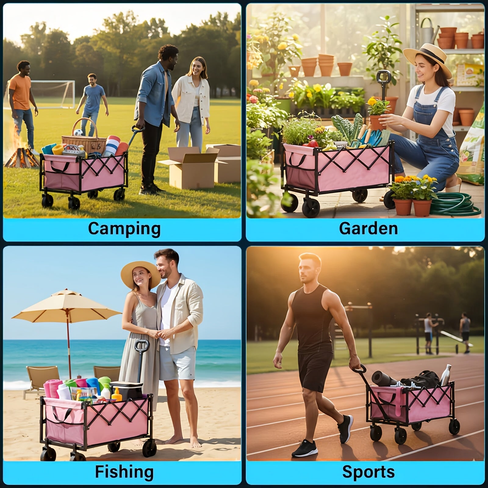 Heavy-Duty Collapsible Handcart with a Stainless Steel Frame And 600D Oxford Fabric, Equipped with All-Terrain Wheels, Ideal for Camping, Gardening, Beach Outings, Shopping, And Transporting Goods. It Features Compact Storage And a Robust Design