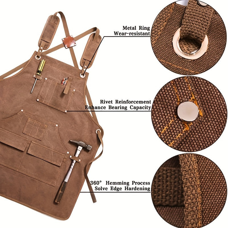 Durable Cotton Canvas Apron with Multiple Pockets for Woodworking, Electrician, and Gardening - Adjustable Brown Faux Leather Straps & Metal Buckles for Secure Fit