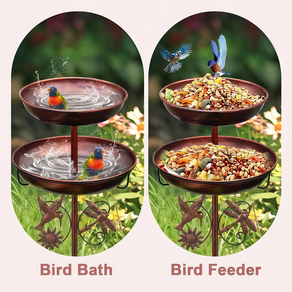 Retro Double-layer Metal Bird Bath Feeder. Detachable Basin for Feeding & Bathing. with Hummingbird & Dragonfly Decor. Ideal for Gardens, Patios, Courtyards, Lawns. Upgraded 5-claw Base, Anti-toppling, Stable And Durable.