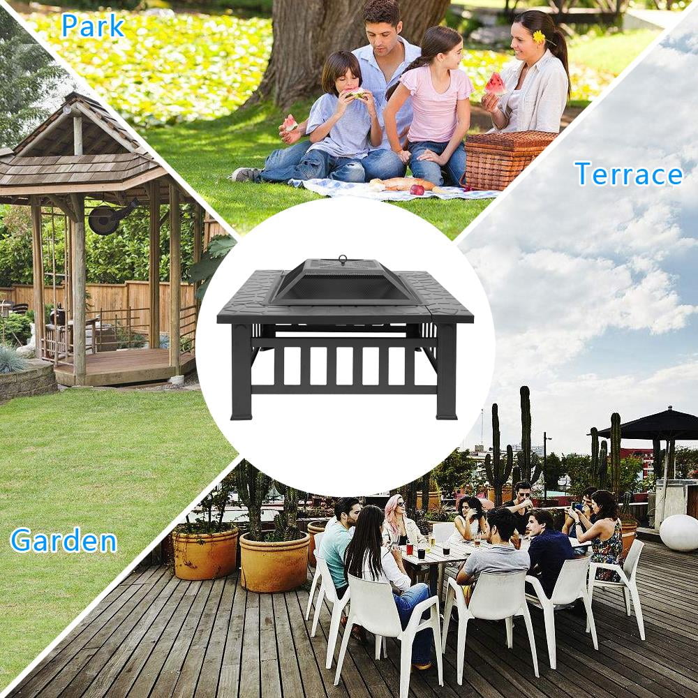 28 Inch Outdoor Fire Pit Firepit Table Metal Outdoor Fireplaces for Outside Patio Camping Black