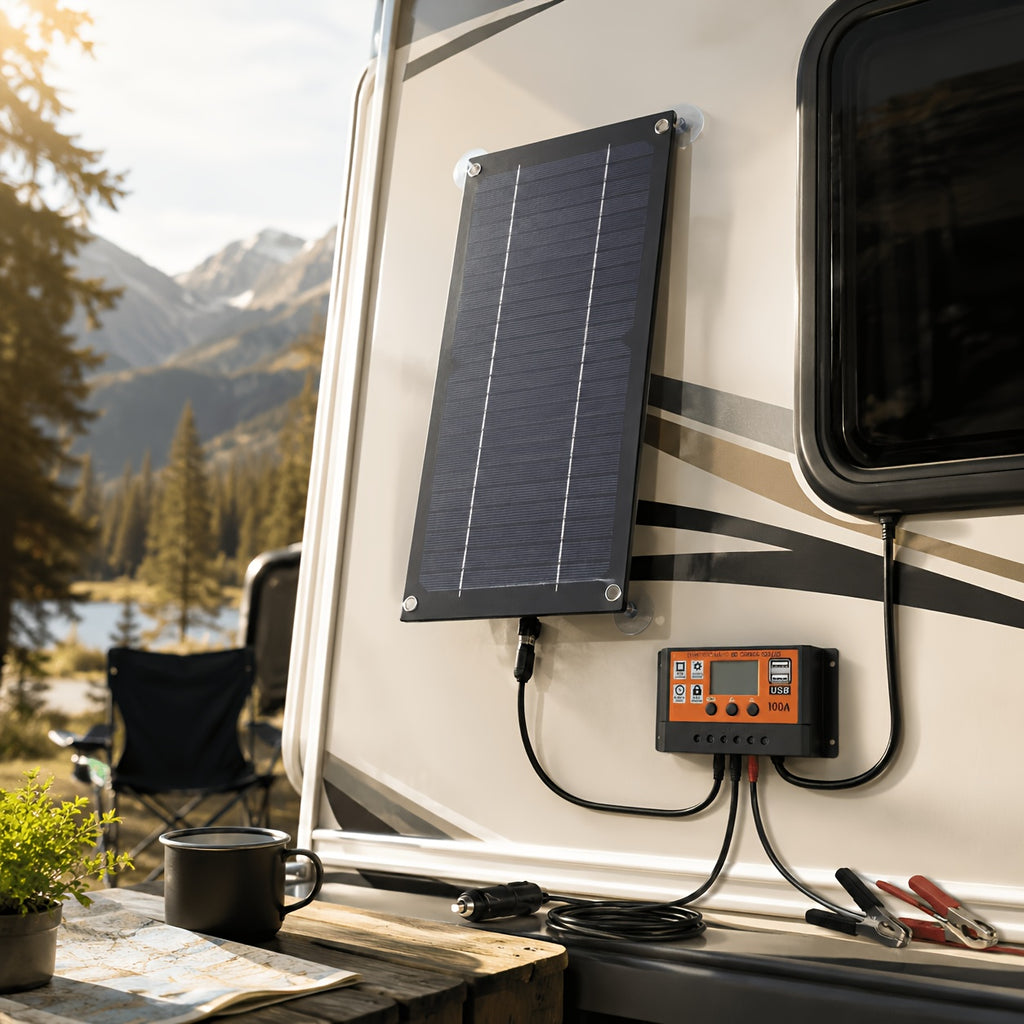 [Solar Panel Kit] Solar Panel Kit With 100A Charge Controller, Monocrystalline Silicon Solar Battery Charger With Extension Cable, Battery Clip, Suction Cups, 18V Solar Charger For RV, Camper, Van, Boat, Camping, Outdoor Travel, Farm, Garden, Emergency Po