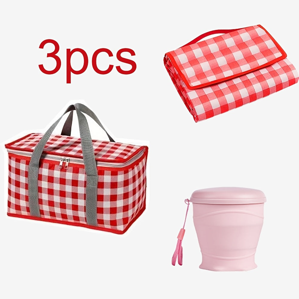 3pcs Of Picnic And Camping Tools, Including A 59-inch X 78-inch Picnic Mat + 1 Large Insulated Camping Bag + 1 180ml Folding Water Cup. Suitable for Outdoor Parks, Grasslands, Beaches, Barbecues And Indoor Family Games. Non-Food Direct Contact