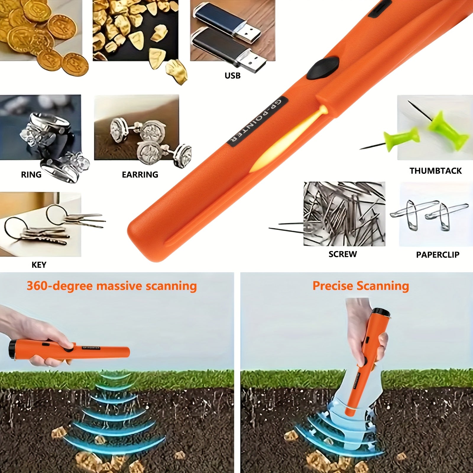 Professional Metal Detector Pinpointer - Handheld Treasure Hunting Wand with Buzzer/Vibration Alerts for Golden/Silver/Relics, 360° Detection Capability, Durable Plastic Construction, Battery-Powered (Batteries Not Included), Treasure Hunting Equipment, S