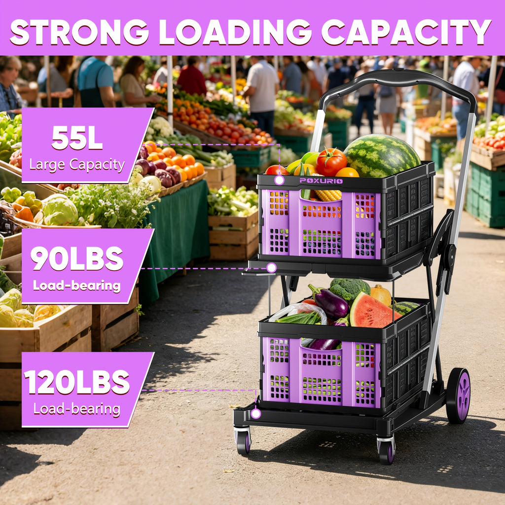 Portable Collapsible Shopping Cart with Wheels, 210LBS Heavy Duty Grocery Cart with Two Storage Crate, Agricultural Cart, High-Capacity Utility Cart, 360° Swivel Wheels, for Shopping, Picnic, Office Farm, Garden, Yard And Agricultural Use